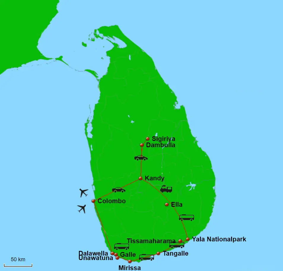 Sri Lanka Reiseroute